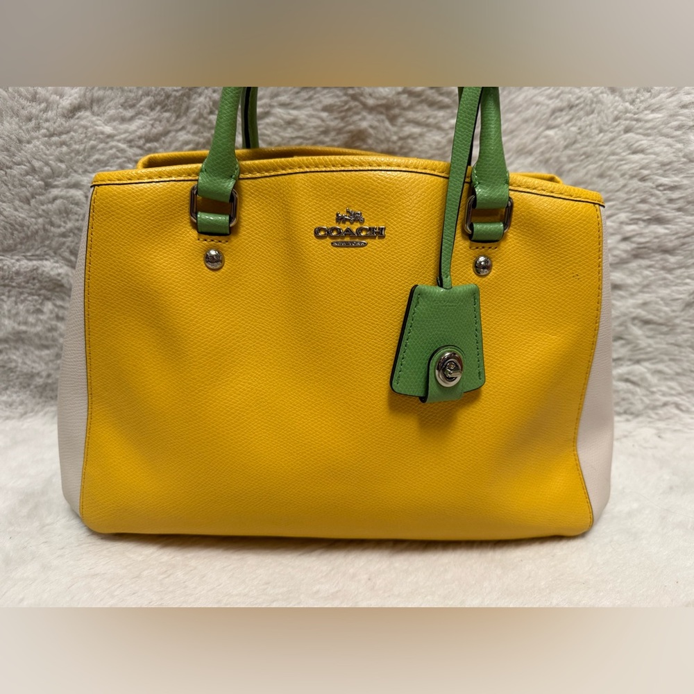 Vintage Coach Small Margot Carryall Yellow Leather Tote with Green Handles